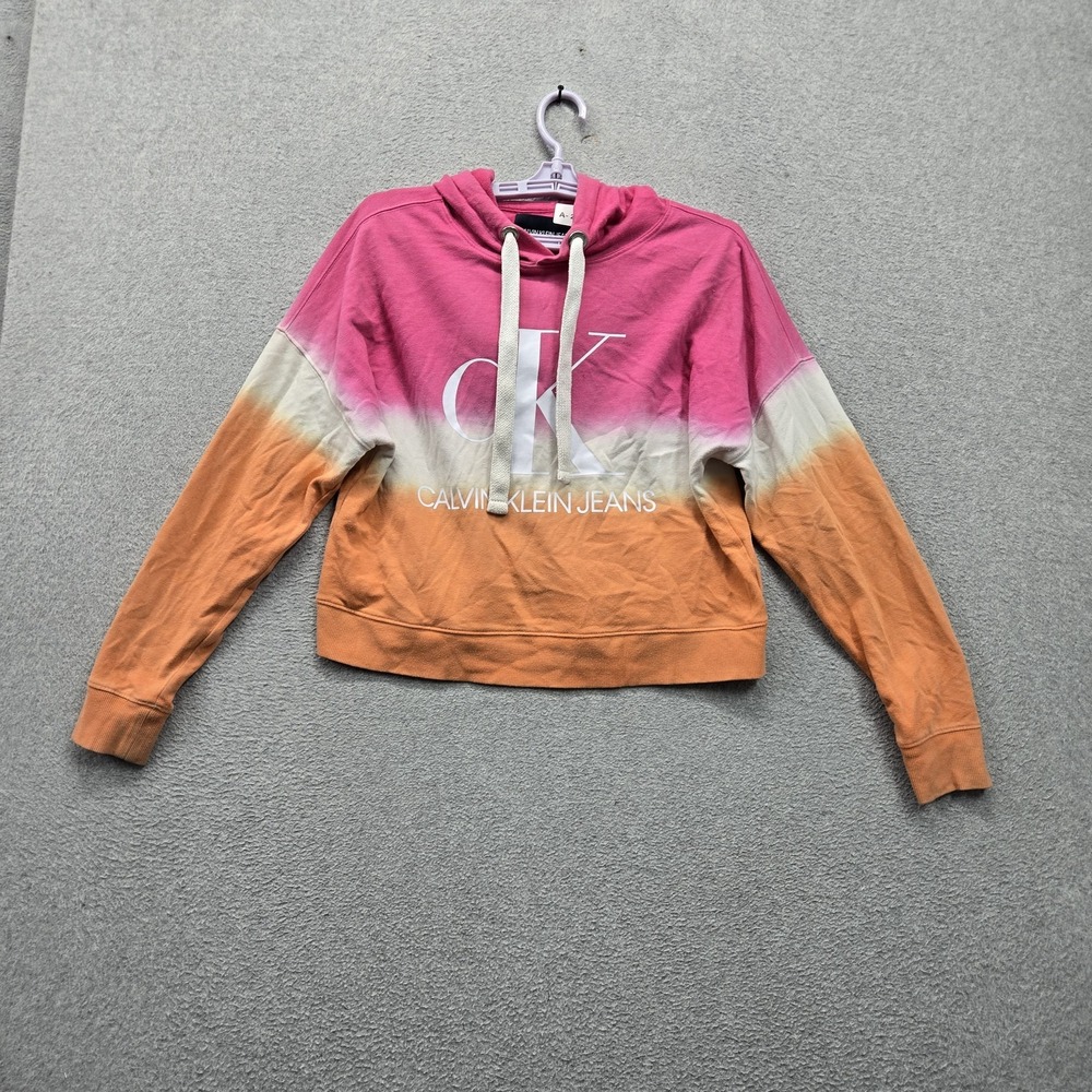 Calvin Klein Jeans Women Hoodie XS Pink Colorblock Logo Cropped Hooded Stretch
